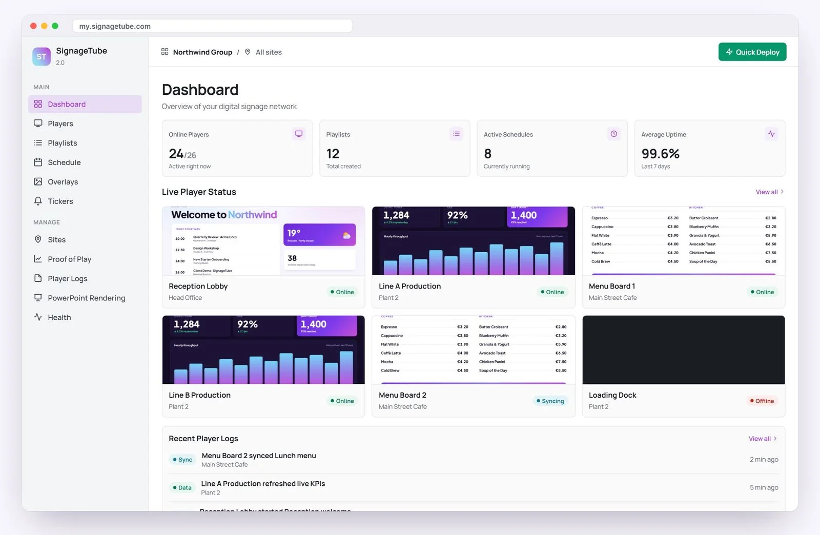 SignageTube Dashboard screen