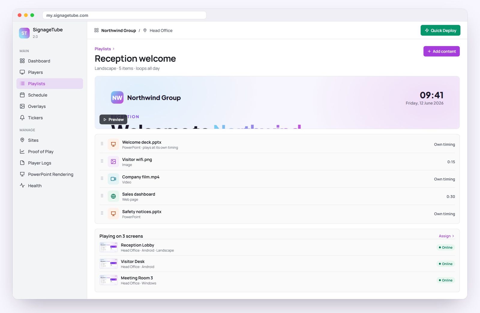 SignageTube playlist editor with mixed content