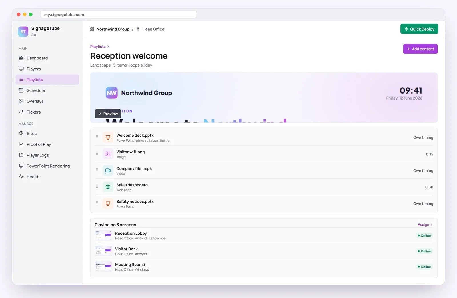 SignageTube Playlists screen