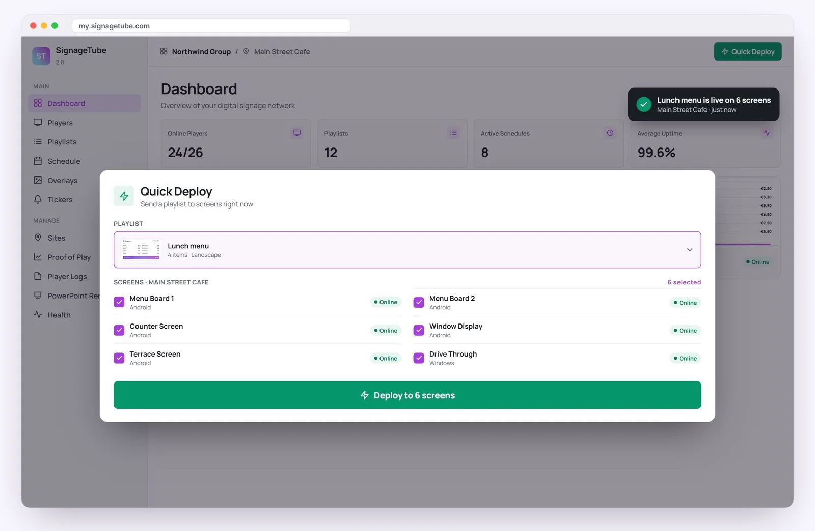 SignageTube Quick Deploy screen