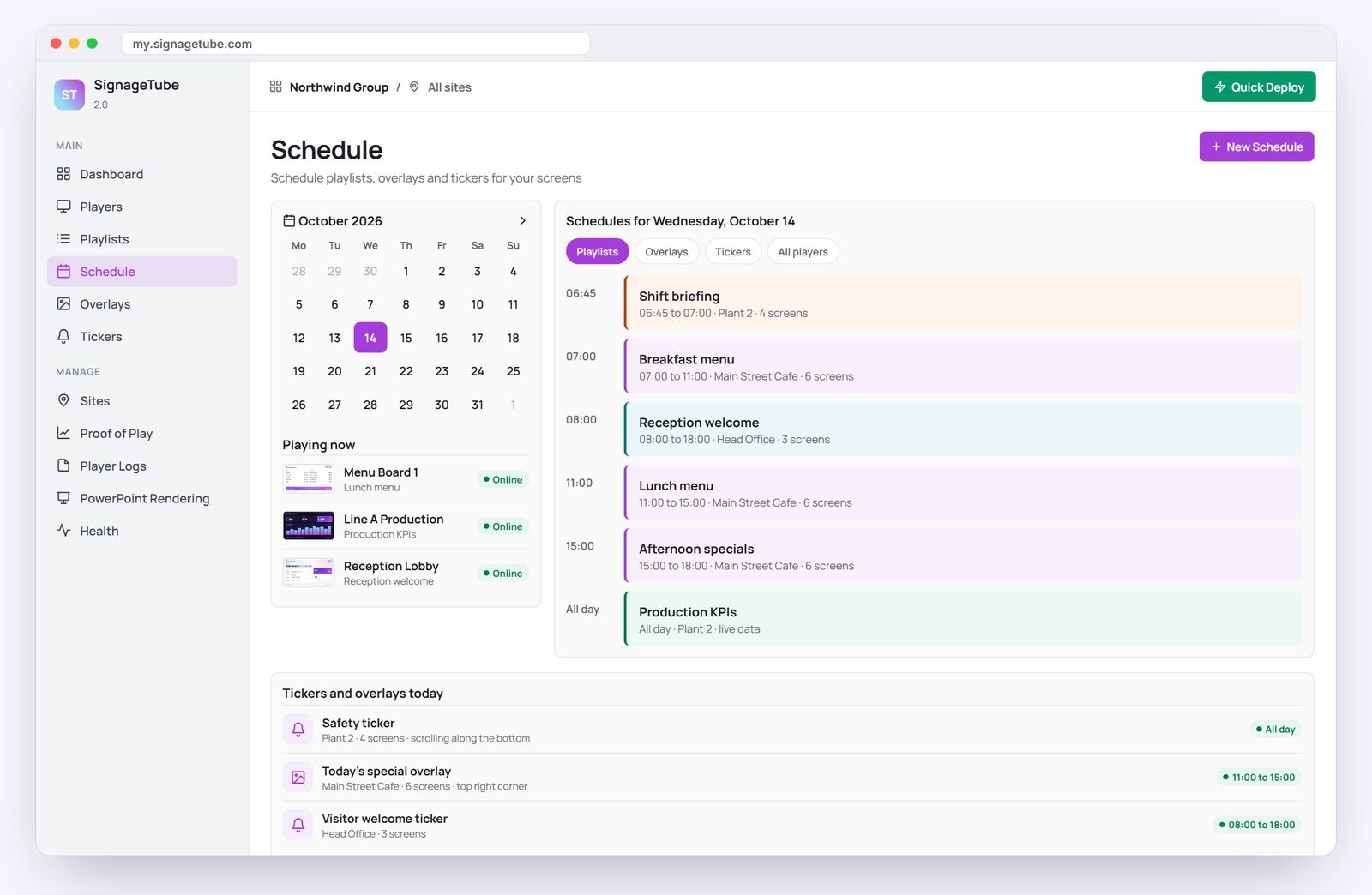 SignageTube schedule view