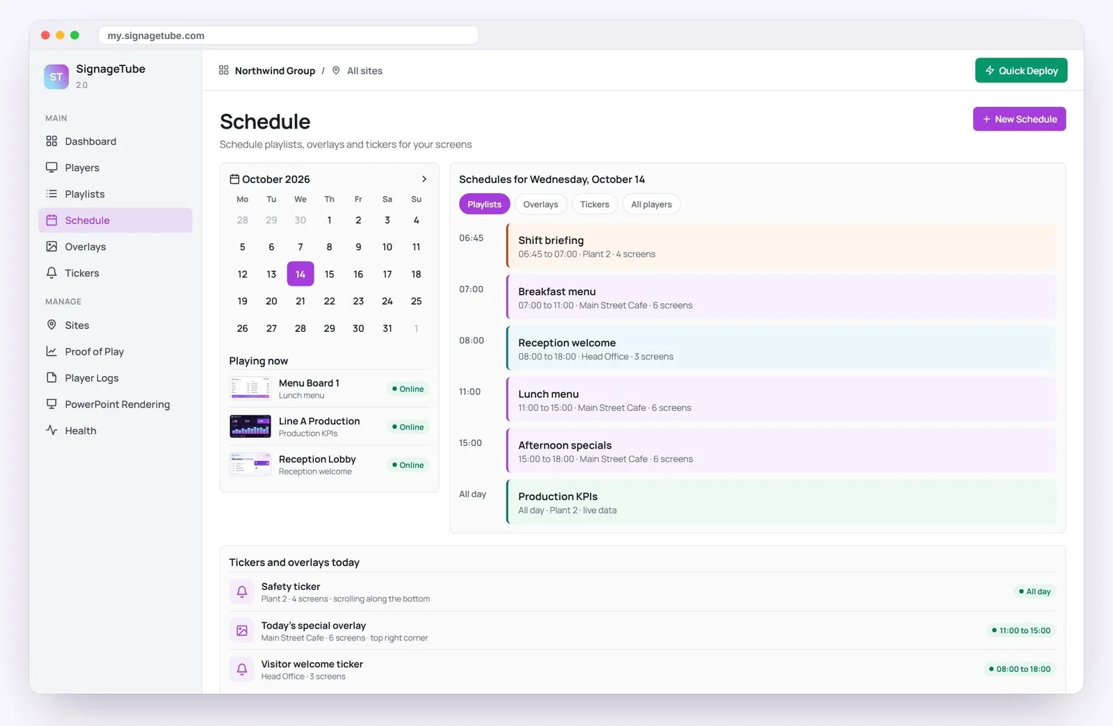 SignageTube Schedule screen