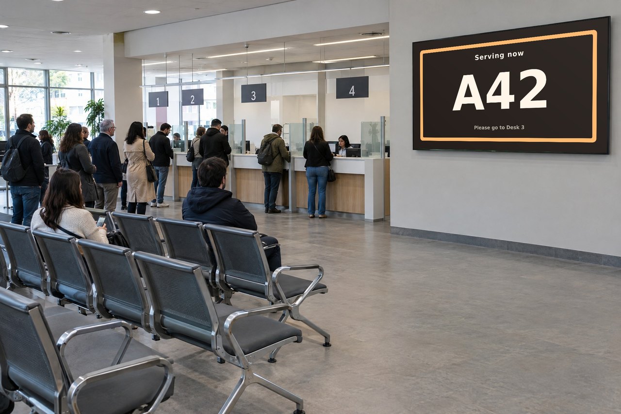 Live now-serving queue board in a government service center