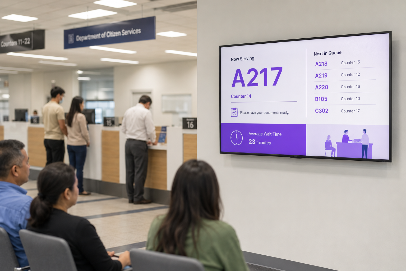 Live now-serving queue board in a government service center