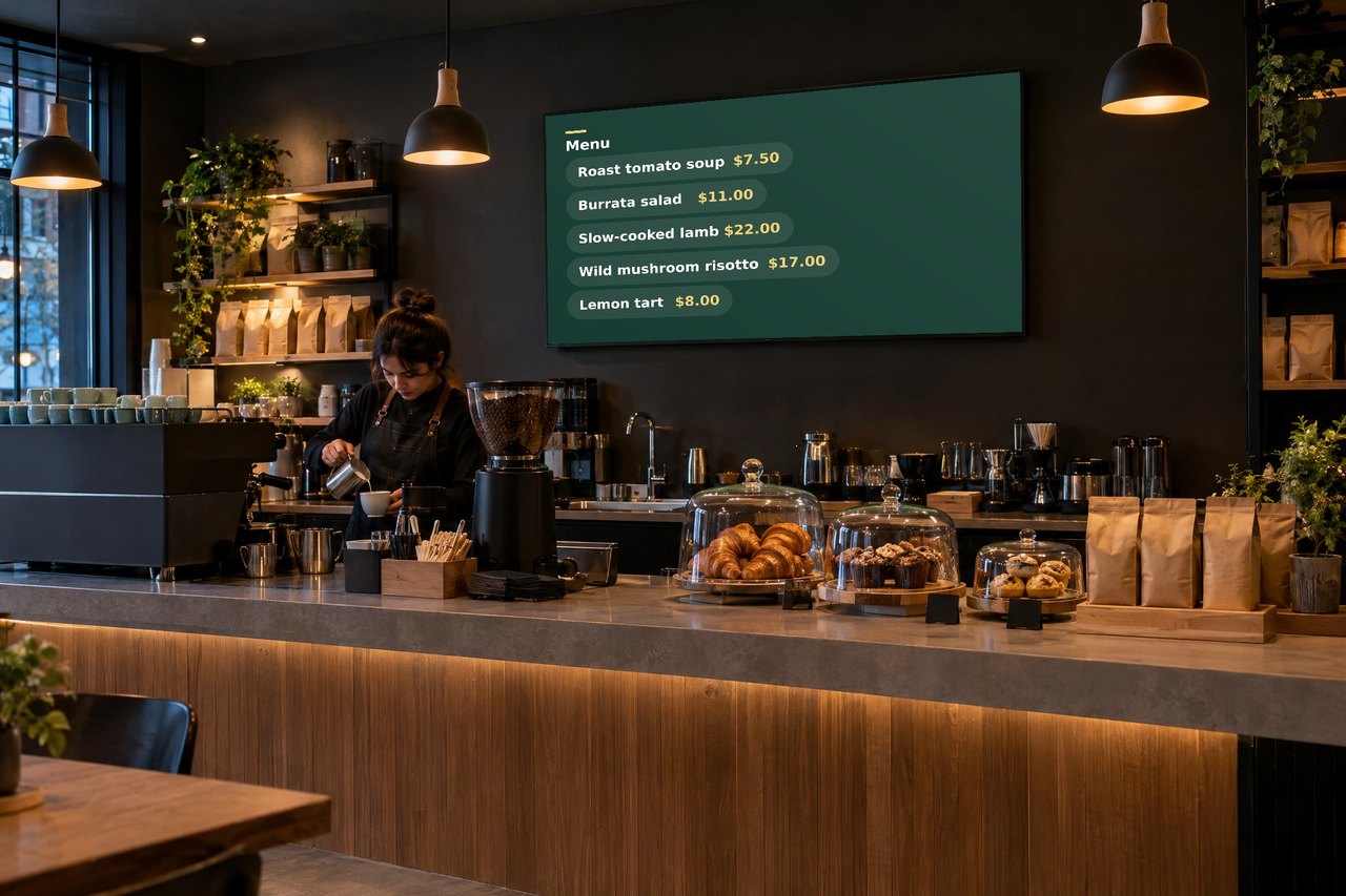 Digital menu boards in a restaurant