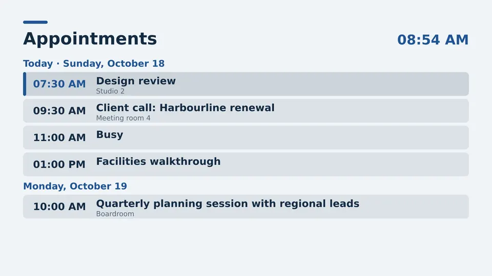 Appointments Live Page, agenda layout