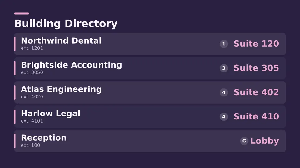 Building directory Live Page, alphabetical layout