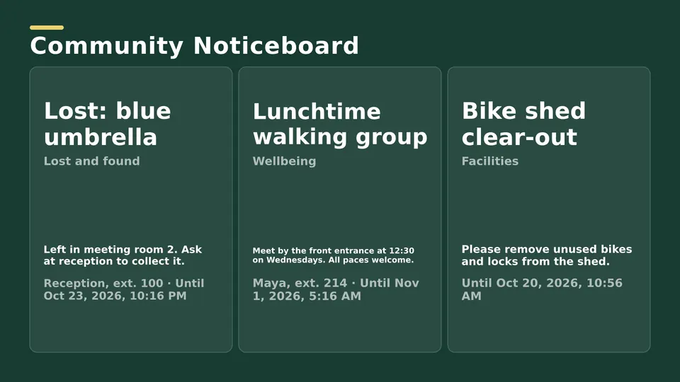 Community noticeboard Live Page, tall columns layout