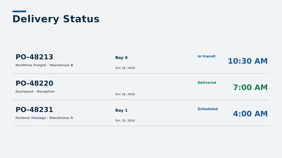 Delivery status Live Page, ruled table layout