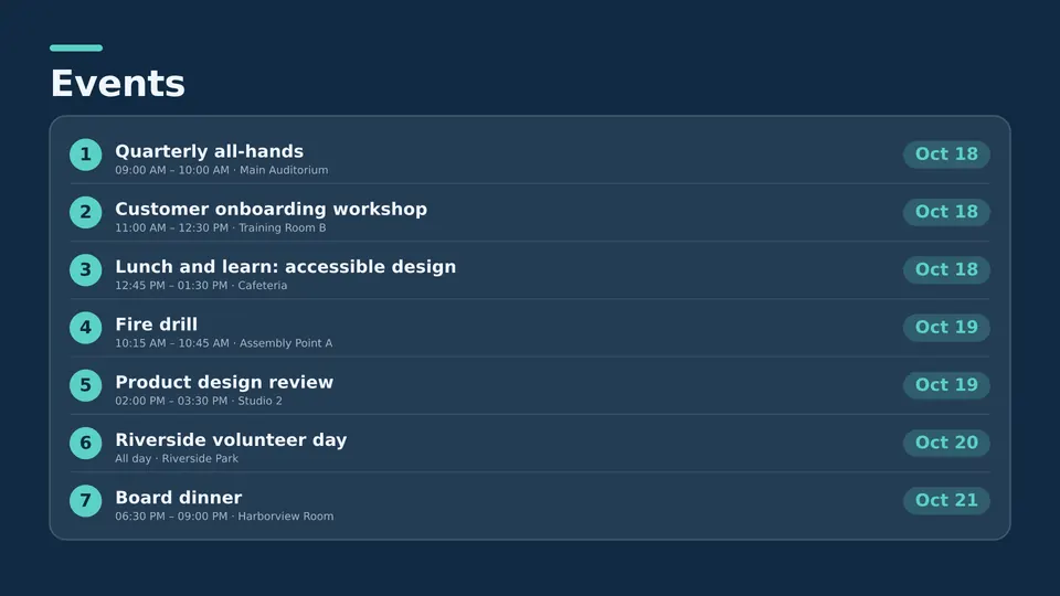 Events Live Page, framed numbered board layout