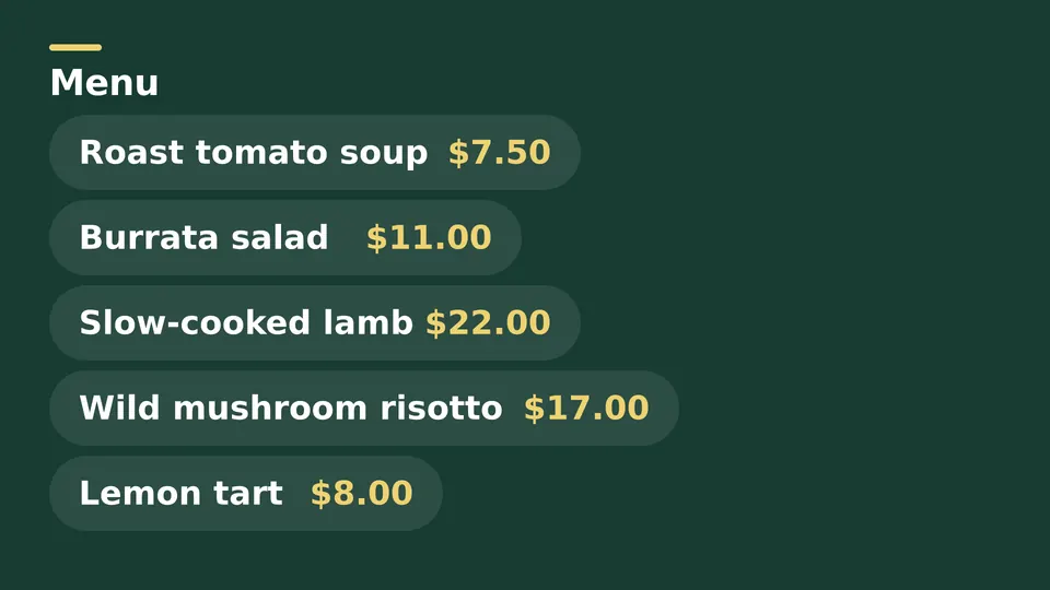 Menu boards Live Page, pill flow layout