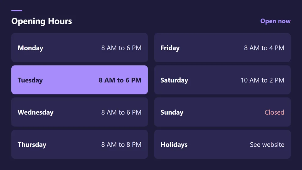 Opening hours display Live Page
