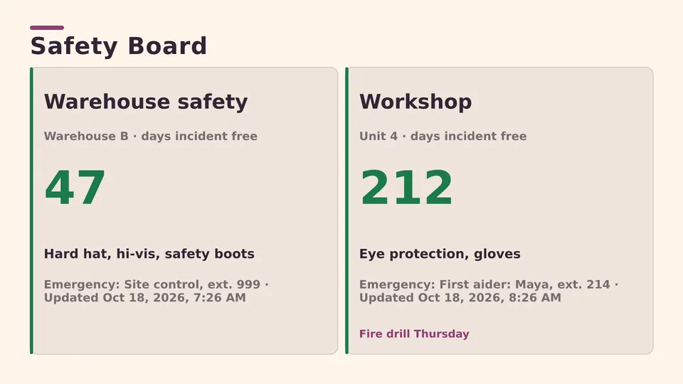 Safety board Live Page, key figure mosaic layout