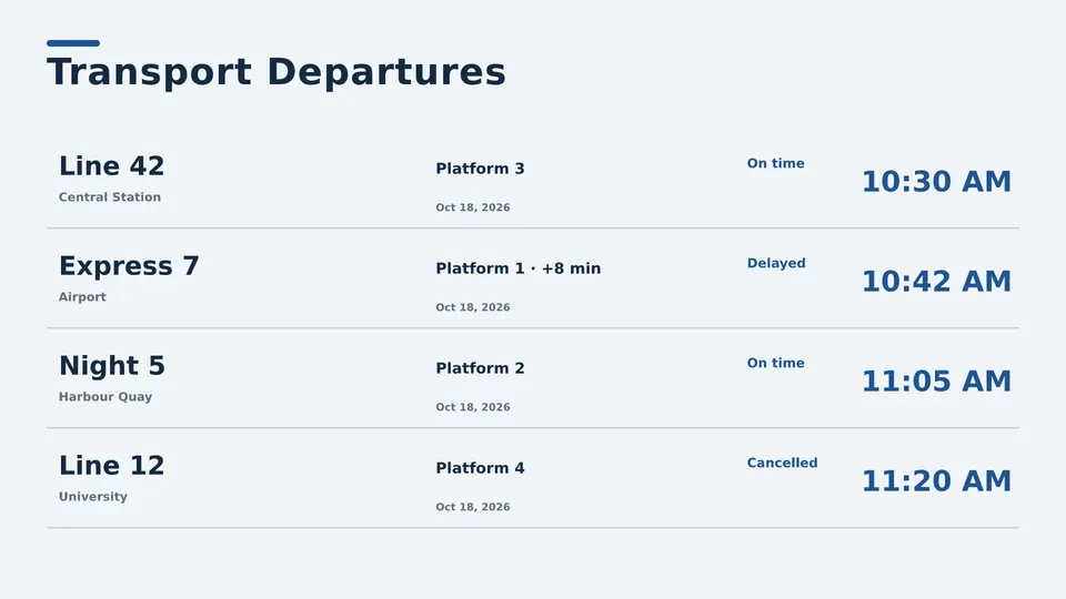 Transport departures Live Page, ruled table layout