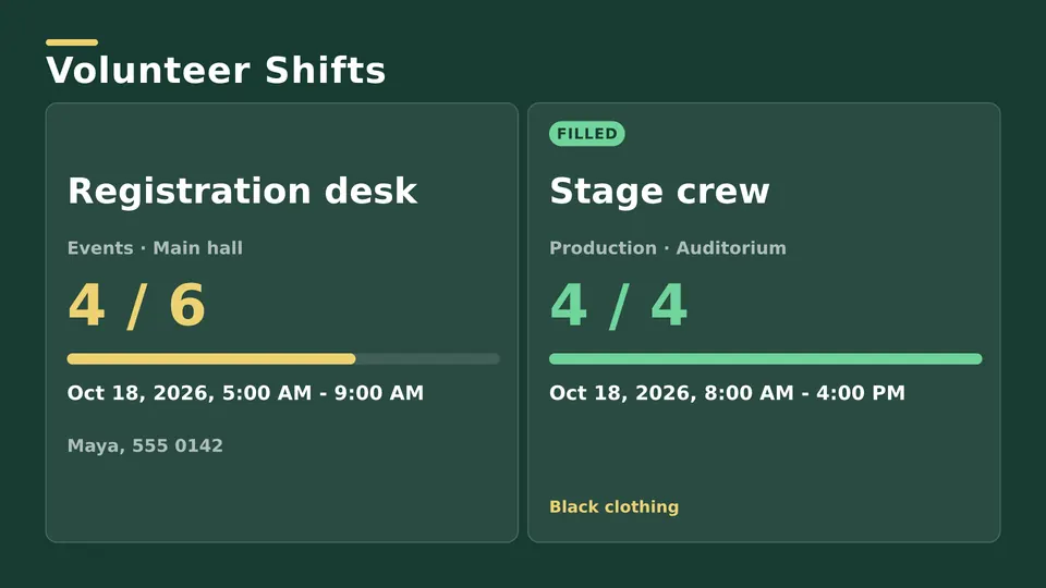 Volunteer shifts Live Page, tall columns layout