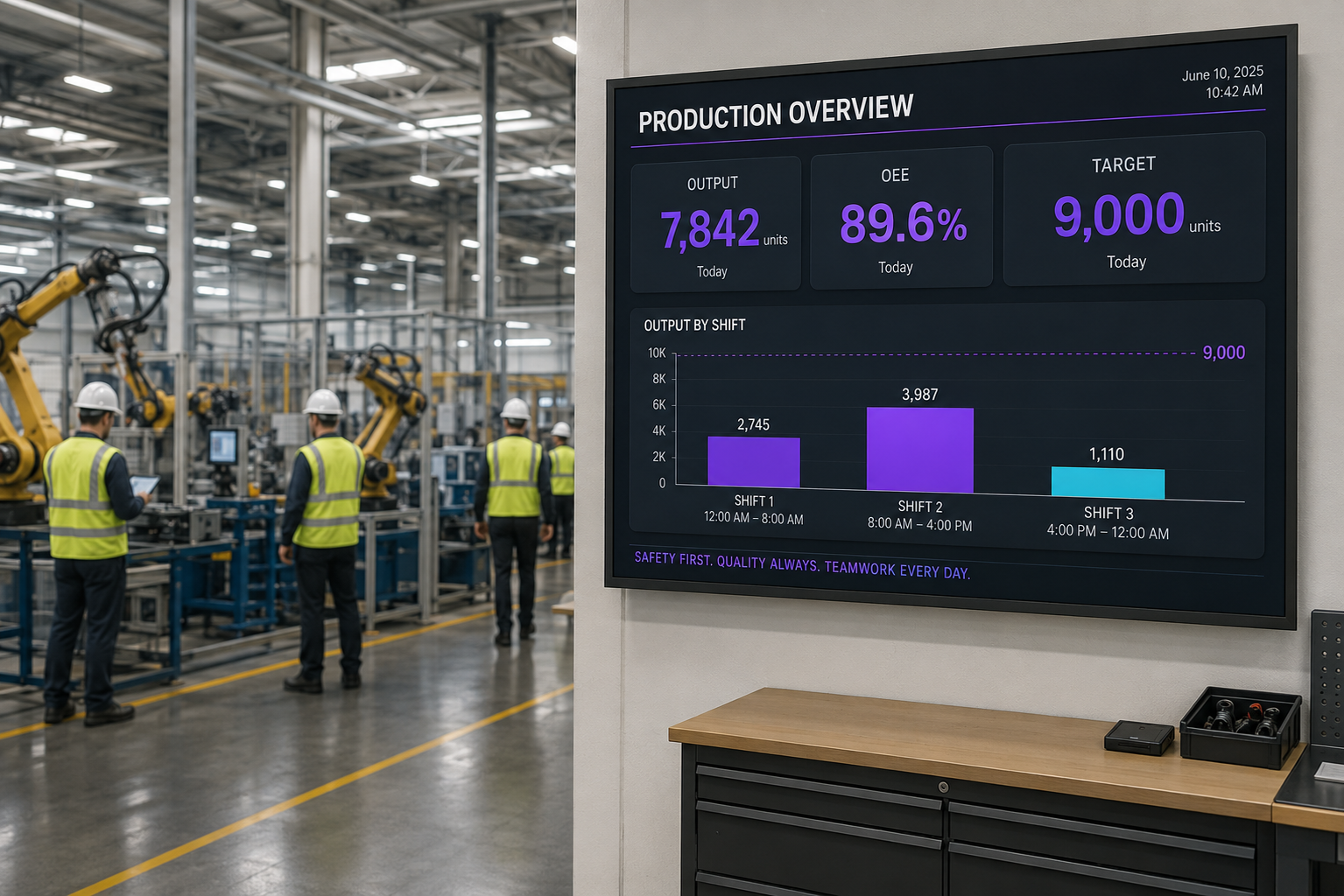 Live KPI dashboard on a manufacturing floor