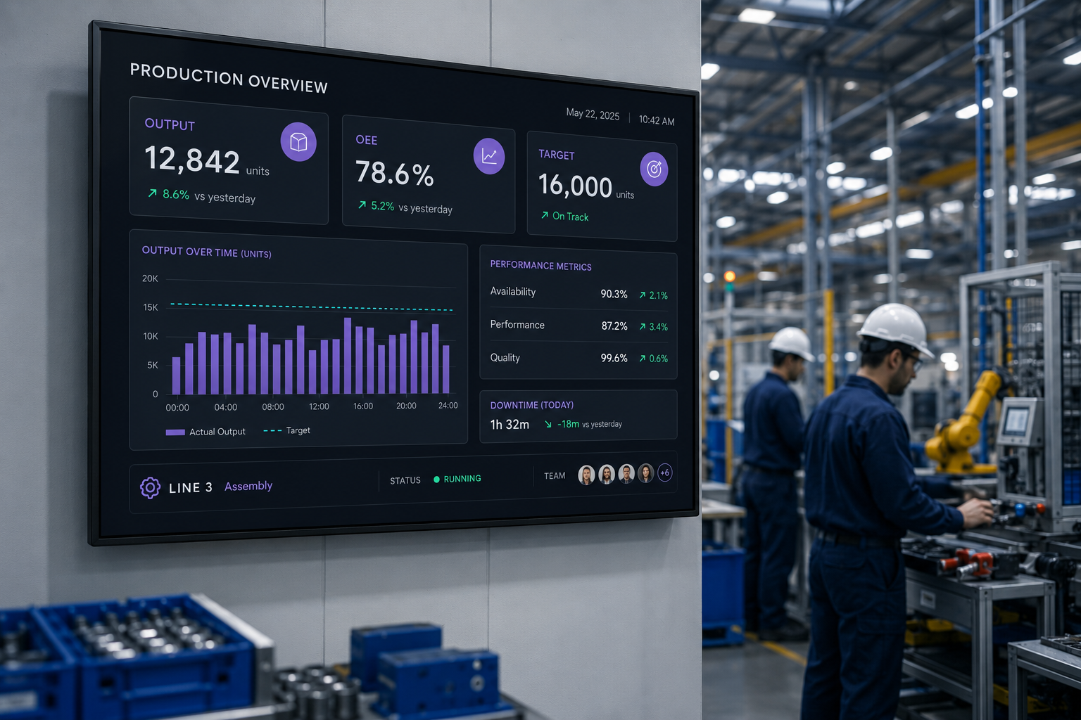 KPI wall showing production metrics