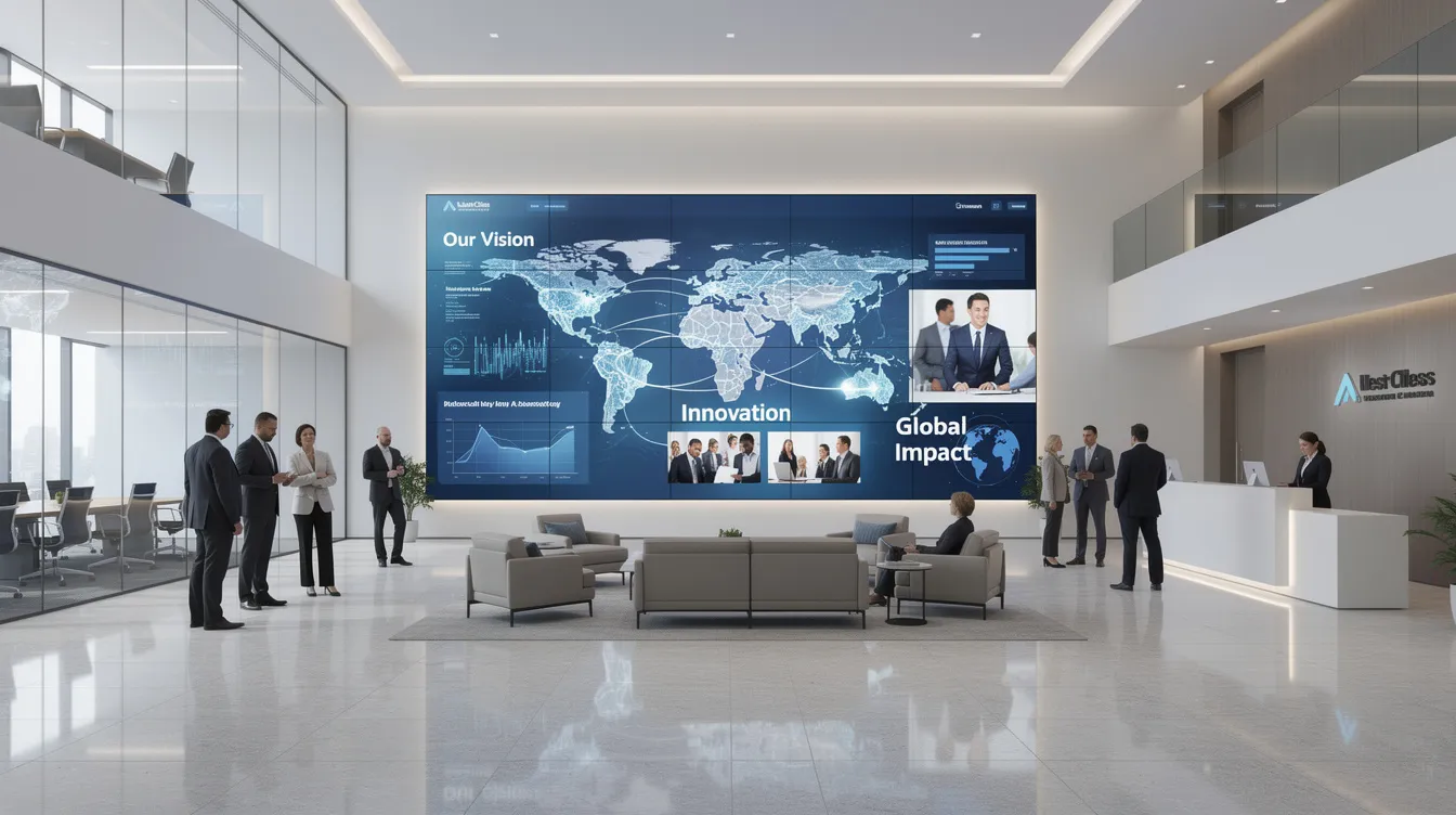 The image depicts a modern corporate lobby featuring a large video wall display that showcases captivating content about the company, enhancing the customer experience. This digital signage solution utilizes cutting-edge technology to inform visitors and create engaging connections with the brand.