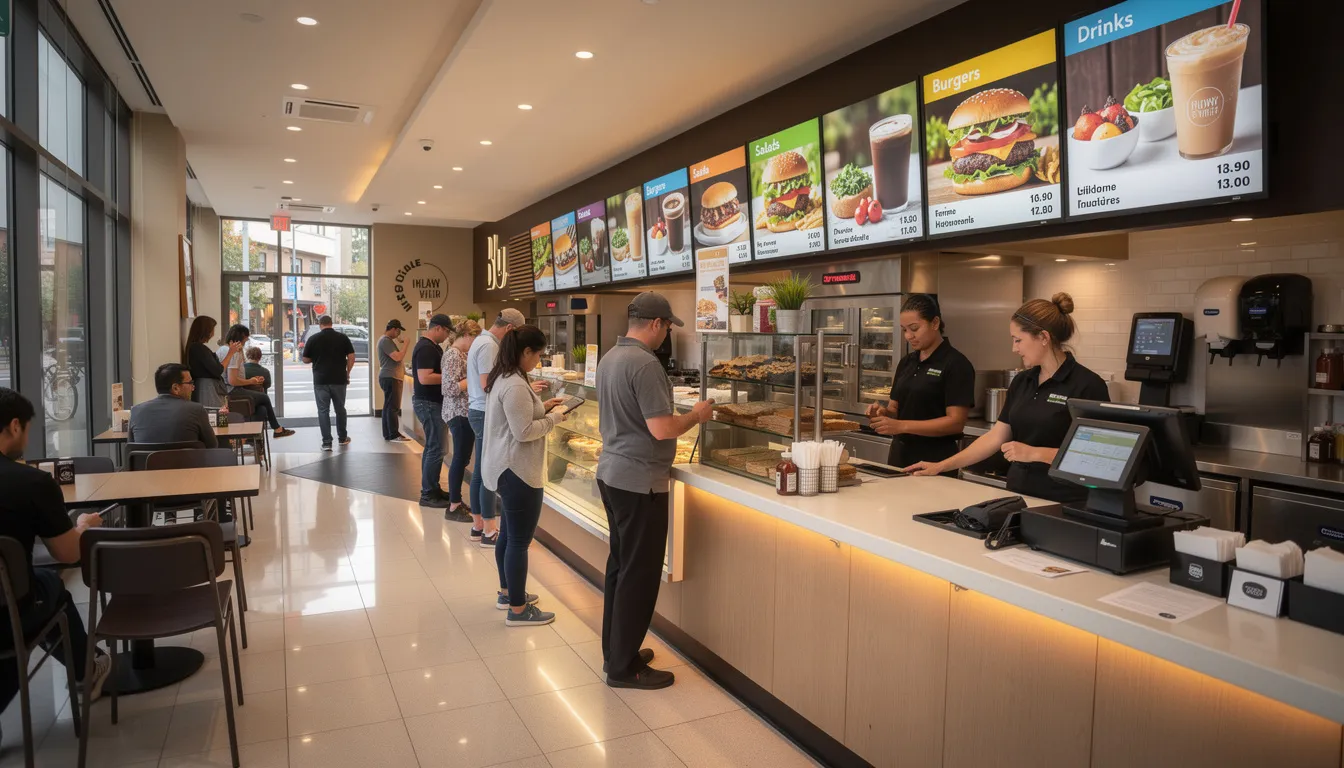 The image depicts the interior of a bustling restaurant where customers are gathered at the counter, while digital screens prominently display menu items, showcasing an effective digital signage solution that enhances the customer experience. The vibrant atmosphere is complemented by the dynamic content on the digital menu boards, creating an immersive dining environment.