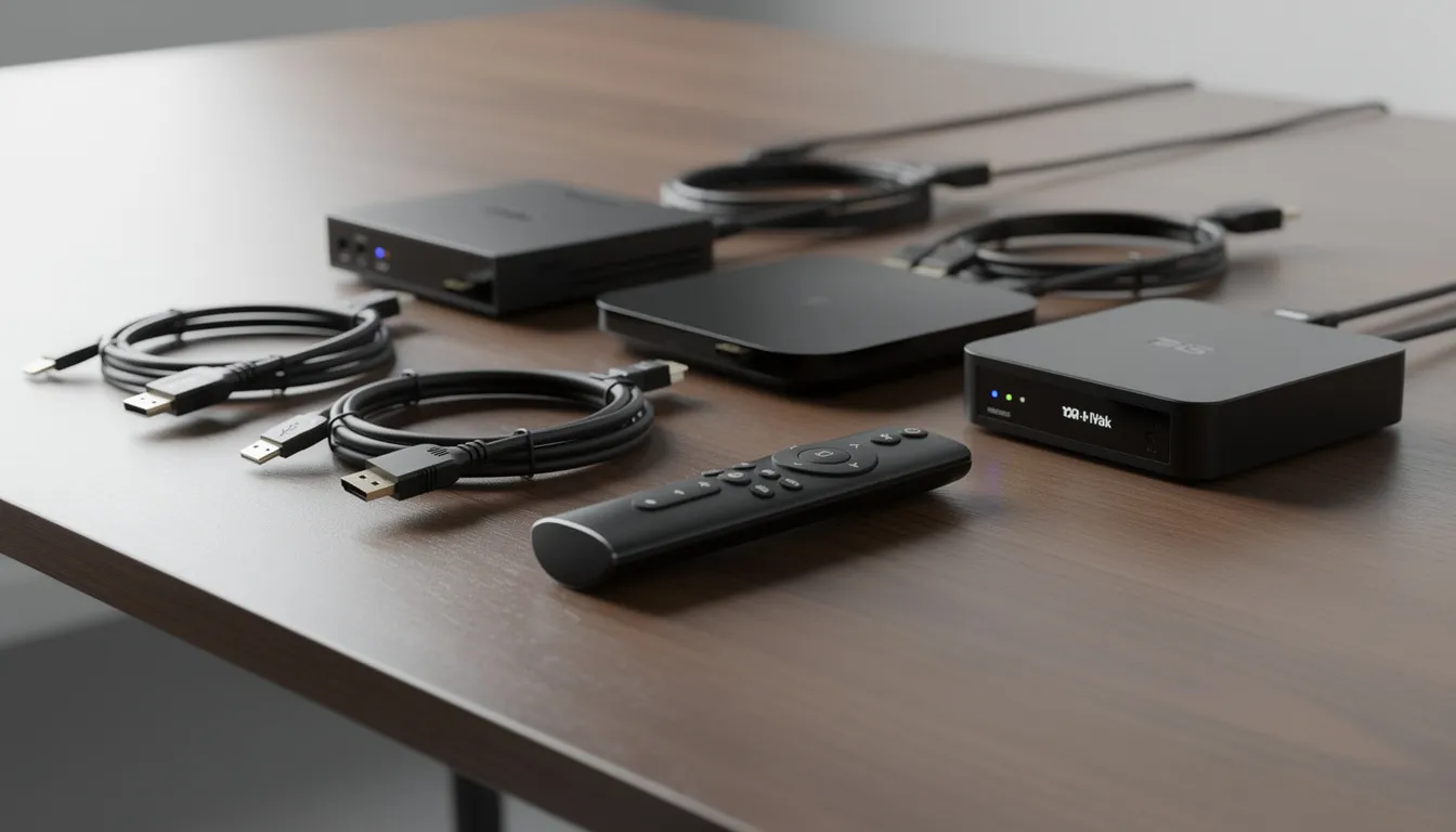 The image depicts several streaming devices and media players neatly arranged on a desk alongside various cables and a remote control, highlighting a digital signage setup that could enhance communication and content management for businesses. This arrangement suggests a powerful communication tool for managing dynamic content across multiple screens or existing TVs.