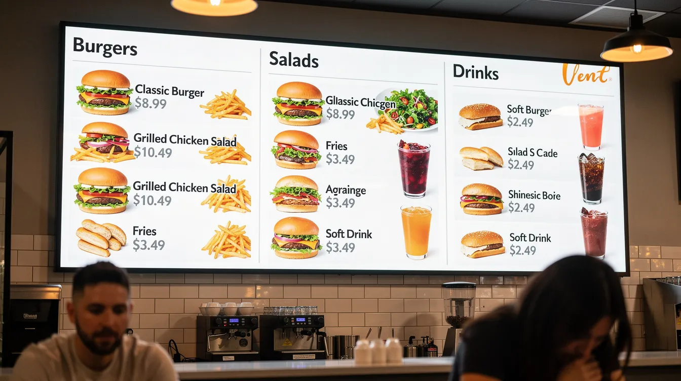 The image features a digital menu board inside a restaurant, displaying various food items and their prices in a vibrant layout. This digital signage effectively utilizes bright colors and bold headlines to grab the attention of customers, showcasing the restaurant's offerings in a modern and engaging way.