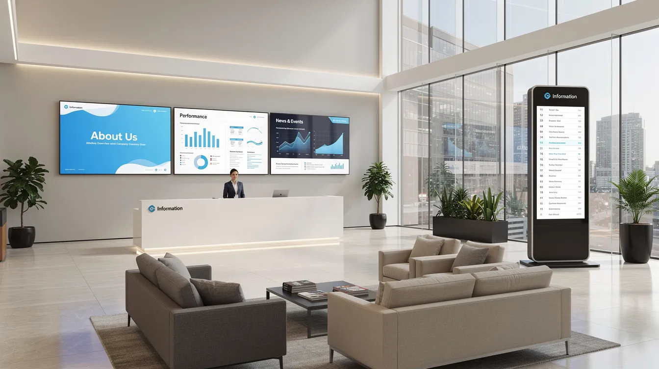The image depicts a modern office lobby featuring multiple digital screens that display corporate information, showcasing cloud-based solutions and services. The vibrant screens enhance the space, providing easy access to vital data and updates for visitors and employees alike.