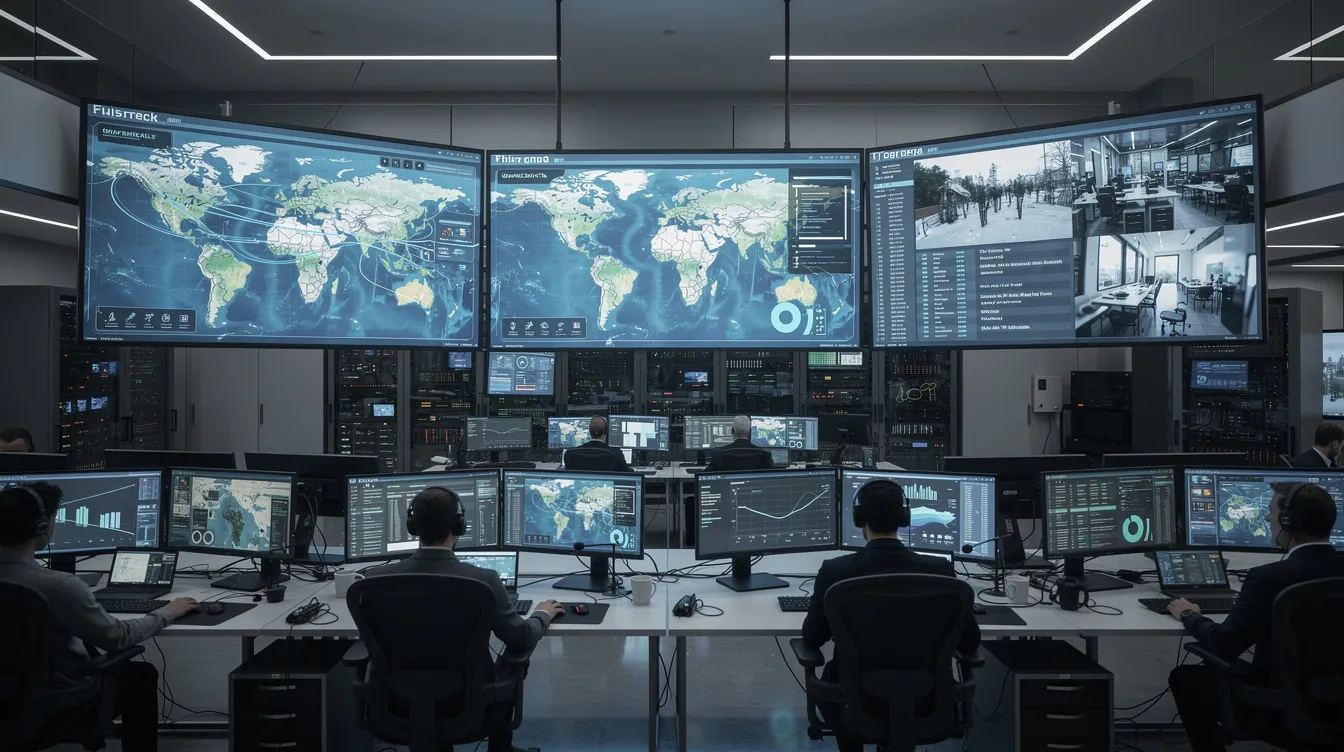 The image depicts a modern command center equipped with multiple large display screens that showcase real-time operational data, enhancing situational awareness for law enforcement agencies. This advanced technology supports police departments in proactive responses to incidents, helping them respond faster to emergencies and effectively manage public safety.