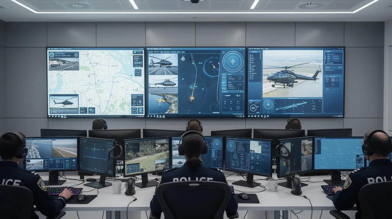 The image shows a modern police helicopter operations room featuring large digital display screens mounted on the wall, which provide real-time data and intelligence to law enforcement agencies for enhanced situational awareness and effective emergency response. This advanced technology helps officers monitor patrol operations, traffic, and support ground units in critical situations.