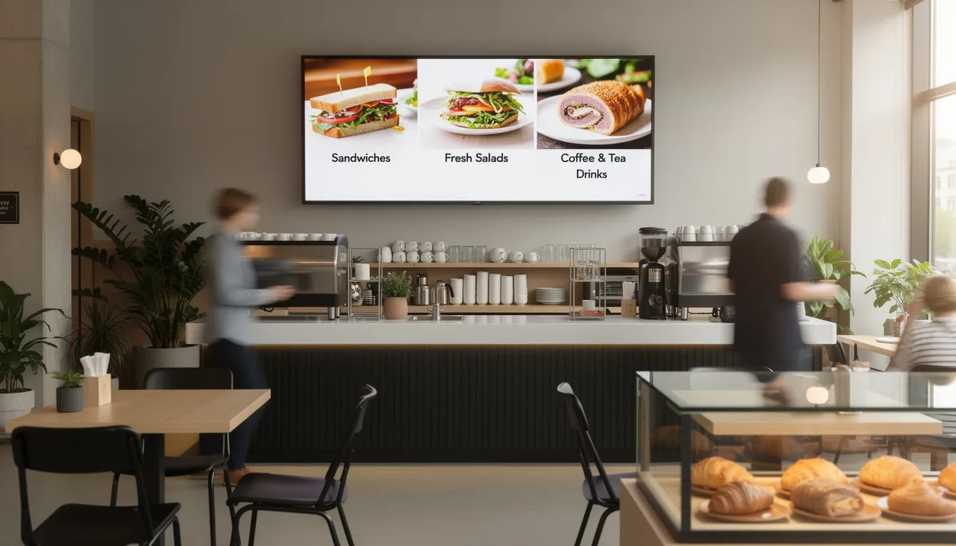 The image depicts the interior of a modern café featuring a large screen mounted above the counter, displaying vibrant food items as part of a digital menu board. This setup enhances the customer experience with dynamic content and seamless integration of digital signage solutions in the business environment.