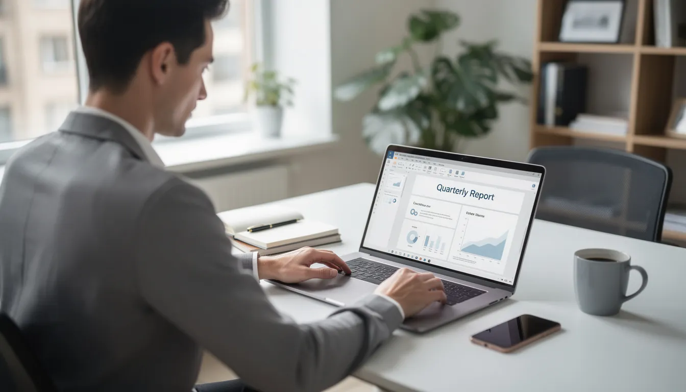 A person is seated at a desk, focused on their laptop as they create PowerPoint presentations, slides with various tools and templates for digital signage solutions.