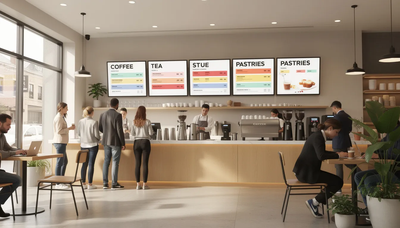 The image depicts the interior of a modern café featuring sleek digital signage in the form of menu boards mounted above the counter, showcasing various food and drink options. The space is designed to create an immersive experience for customers, enhancing their interaction with the café's offerings through vibrant displays.
