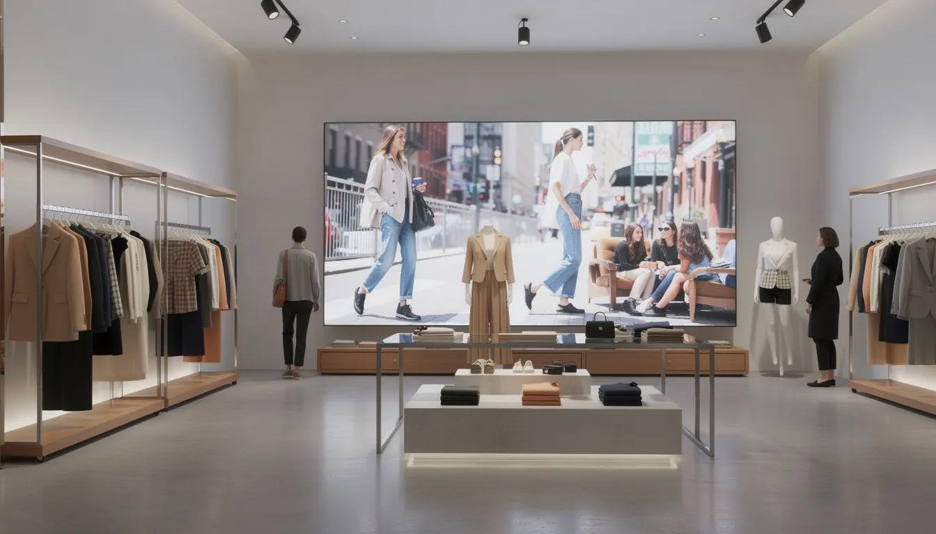 The image depicts the interior of a modern fashion retail store featuring a large video wall display showcasing lifestyle content alongside stylish clothing displays. This vibrant retail environment enhances customer engagement and the in-store experience, utilizing digital signage to attract shoppers and promote targeted content effectively.