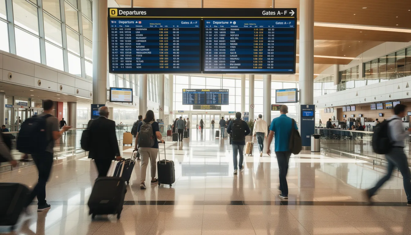 The image depicts a bustling airport terminal filled with travelers navigating through the space, with digital signage displays overhead showing departure information and wayfinding instructions. The dynamic content on the digital screens captures the audience's attention, providing necessary information in real time.