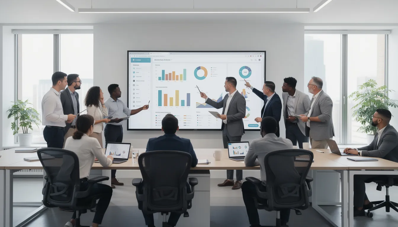 A group of office workers is gathered in a modern workspace, attentively looking at a large wall-mounted TV screen displaying multiple dashboards with key performance indicators and important metrics. The digital signage solution allows the team to access real-time data and stay informed at a glance.