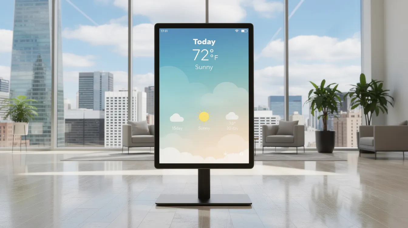 A digital signage screen in a modern office lobby is displaying real-time weather information sourced from multiple feeds, while a city skyline is visible through large windows in the background. This dynamic content provides relevant updates for users, enhancing their experience in the community space.