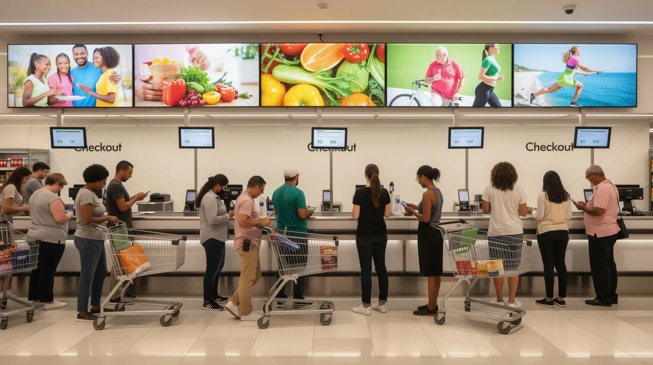 The image depicts customers waiting in a checkout queue area, with vibrant digital screens mounted above them displaying engaging lifestyle content. These digital displays enhance customer experience and engagement, while also contributing to brand visibility and operational efficiency in the retail environment.