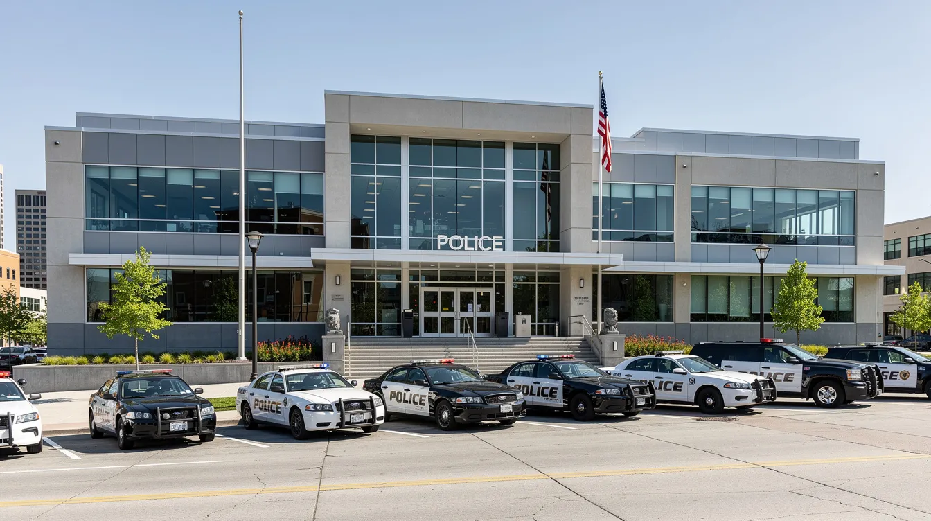 The image shows a modern police station building with a sleek exterior design, featuring large glass windows and digital signage. Several patrol vehicles are parked outside, ready to respond to emergencies and deliver important emergency information to the community.
