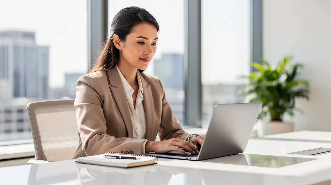 The image depicts a professional woman focused on her laptop in a bright office environment, likely engaged in creating presentations or working on graphic design projects. The vibrant setting suggests an atmosphere conducive to productivity and collaboration, ideal for designing engaging presentations using tools like Microsoft PowerPoint or Canva.
