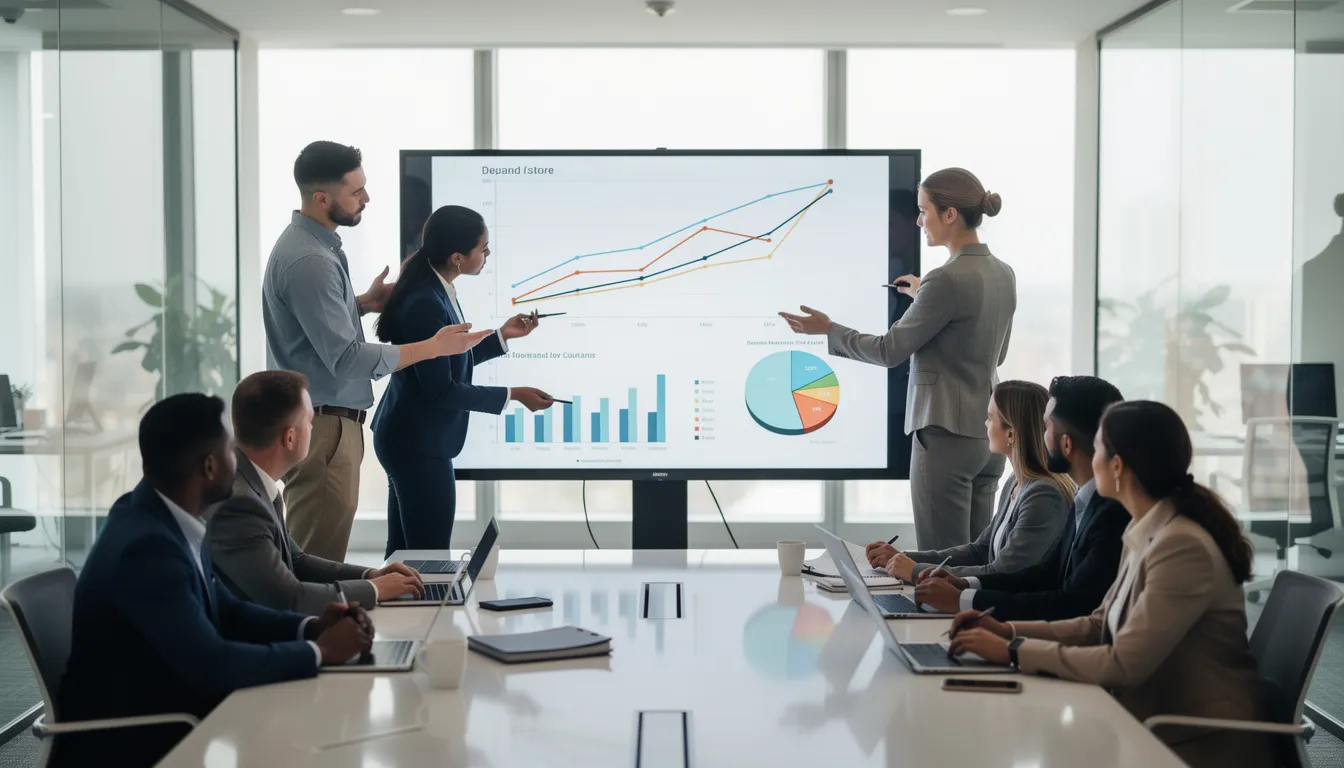 A team of colleagues is gathered around a large screen, collaboratively reviewing business charts that display key performance indicators and complex data trends. The atmosphere is focused as they discuss insights and strategies for tracking KPIs and improving business performance using interactive dashboards and analytics tools.