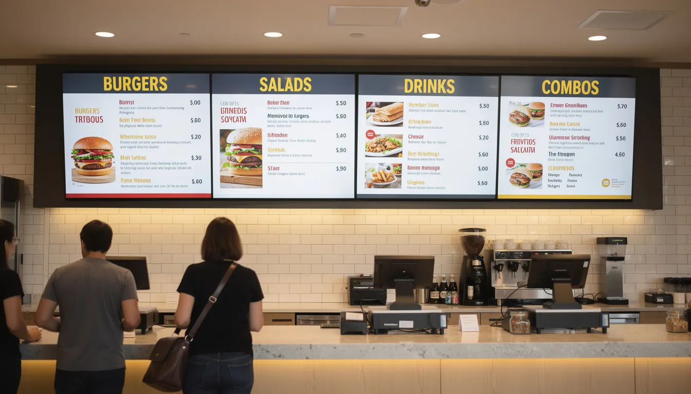 The image features a digital menu board display positioned above the counter in a restaurant, showcasing vibrant food and drink options. This digital signage solution enhances the dining experience by presenting dynamic content in a visually appealing format.