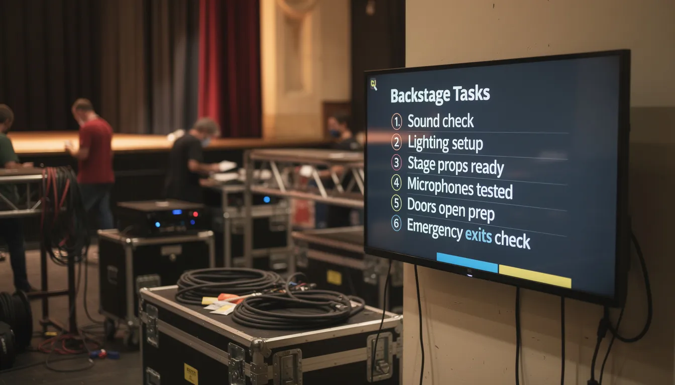 The image depicts a behind-the-scenes view of an arts venue, featuring a large television displaying a full-screen checklist of tasks for personnel, highlighting the importance of effective event management. This digital signage solution serves as a vital tool for organizing and planning activities, ensuring that the team stays ahead in managing events efficiently.