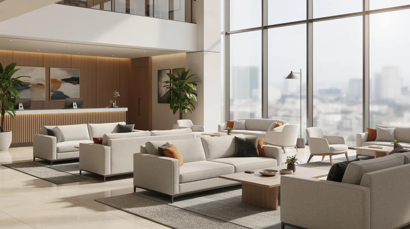 The image depicts a modern hotel lobby featuring comfortable seating arrangements and large windows that allow natural light to fill the space, creating a welcoming atmosphere. The lobby is designed with contemporary decor, making it an inviting spot for guests to relax or engage in professional presentations.