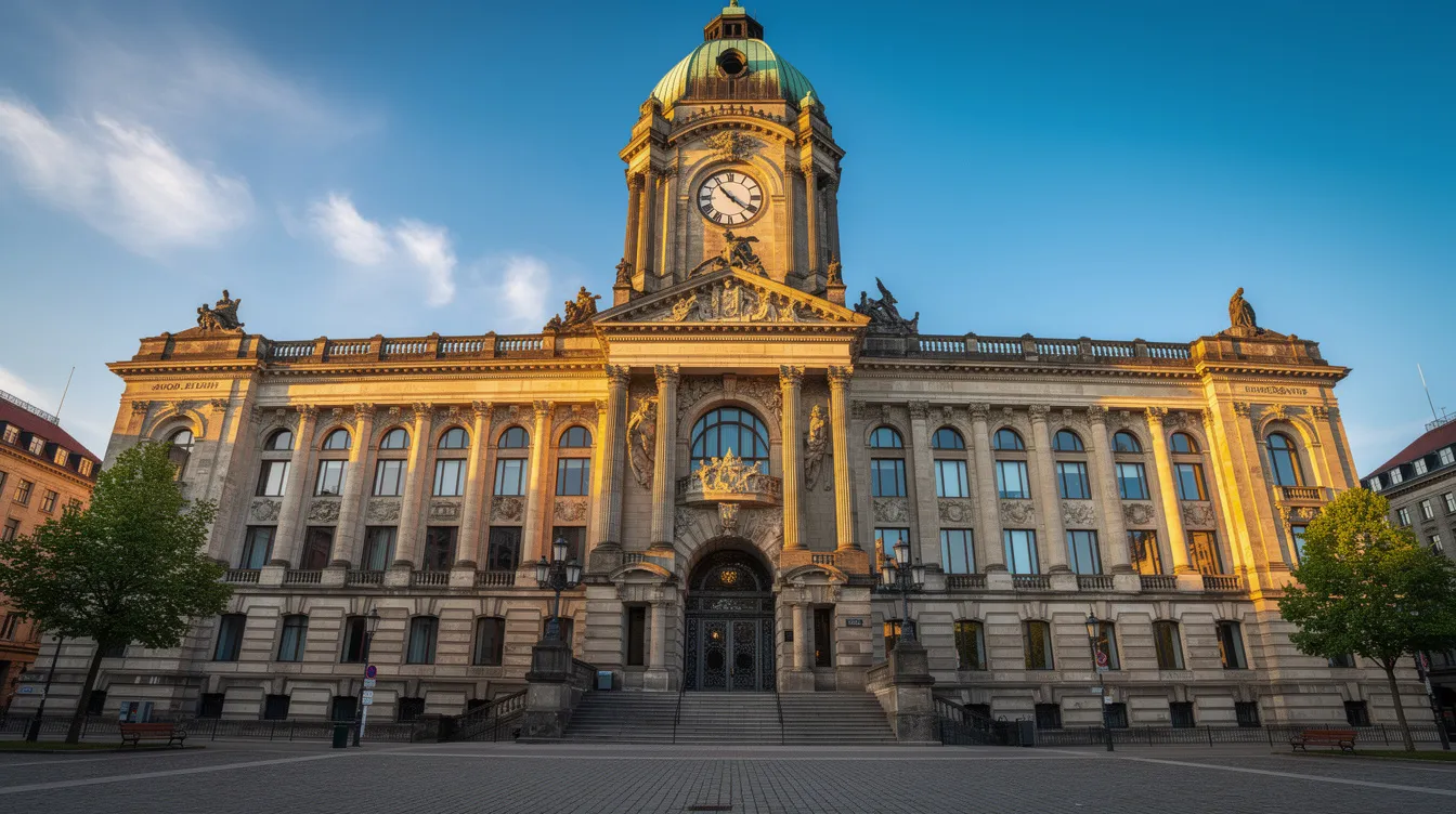 The image depicts a grand historic city hall building featuring a striking stone facade and an impressive clock tower, symbolizing the architectural beauty and history of the city. This iconic structure serves as a center for local government and community engagement, often housing important public services and events.