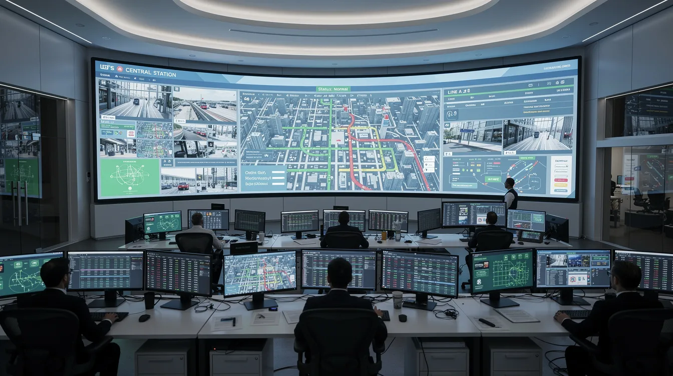 The image shows a modern transit control room filled with large monitoring displays that showcase real-time data analytics related to public transit operations. Data scientists and transit officials are seen collaborating to analyze user behavior and enhance customer engagement through innovative technology solutions.