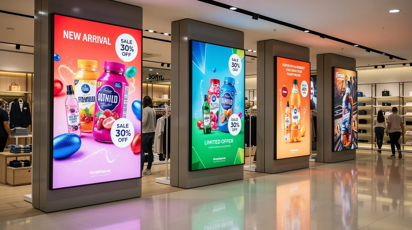 The image features multiple retail display screens showcasing vibrant promotional content, highlighting various cloud-based services and solutions. These screens are strategically placed to enhance customer engagement and improve operational efficiency in a retail environment.
