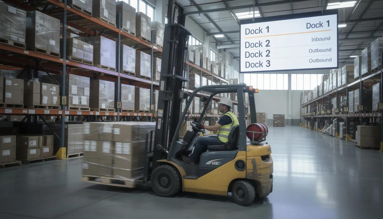 A forklift operator navigates a busy warehouse, with digital displays prominently showing dock assignments and critical information. These digital signage solutions enhance operational efficiency and keep employees informed in the manufacturing environment.
