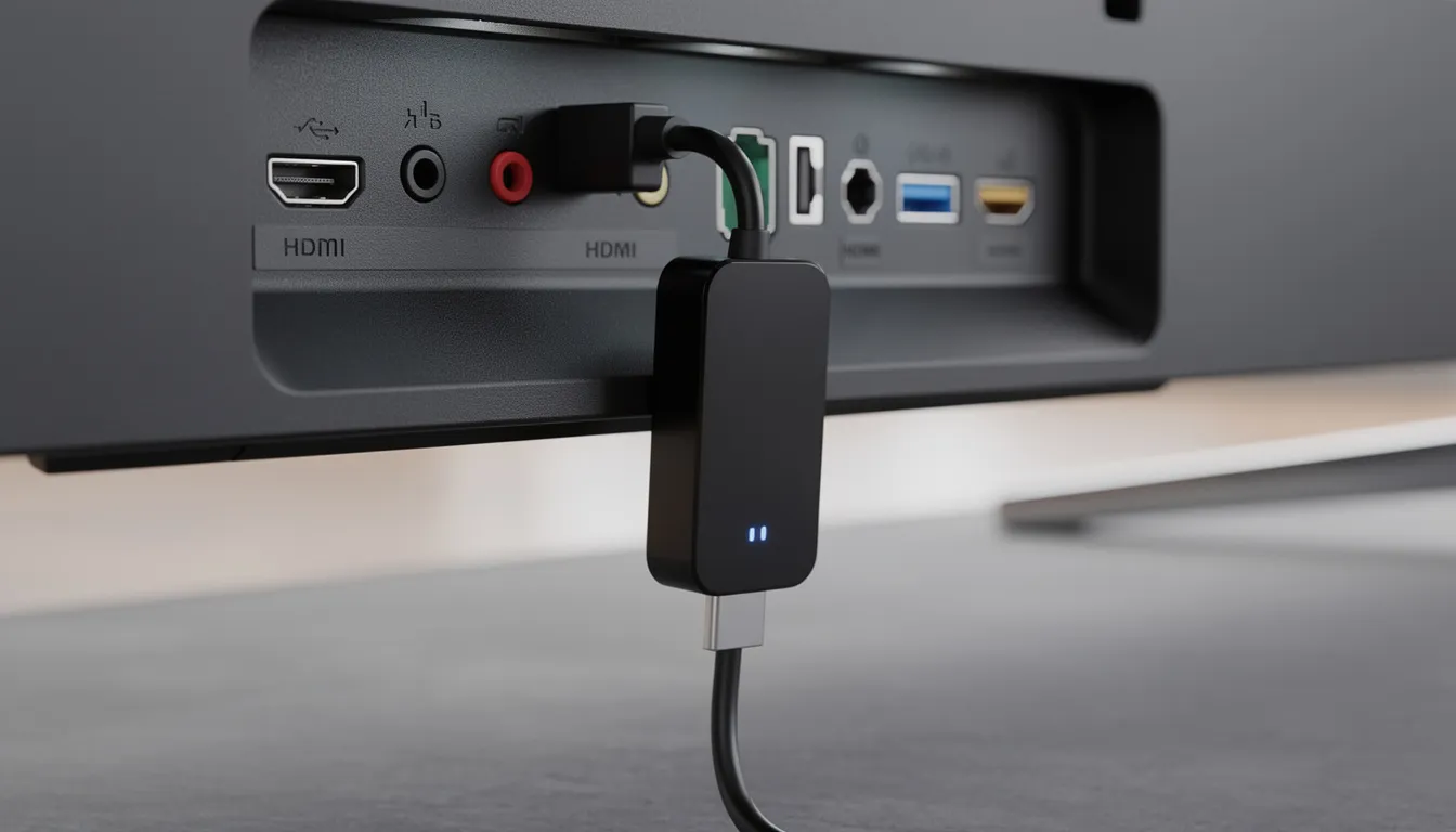 The image shows a close-up view of a streaming device plugged into the back of a television set, highlighting the seamless integration of hardware that enhances the digital signage experience in various business environments. This setup allows for dynamic content delivery and improved customer engagement through accessible connectivity options.