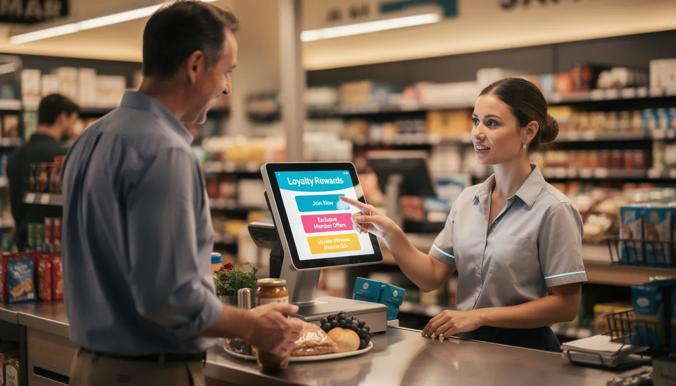 A customer stands at a retail checkout counter, engaging with a digital screen that showcases loyalty program offers and promotions. This digital signage enhances the in-store experience by providing targeted promotions that aim to attract customers and drive sales.