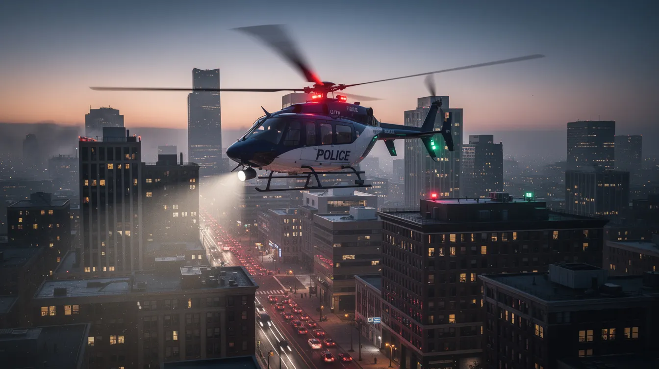 A police helicopter is seen flying over an urban area at dusk, providing air support to law enforcement agencies. Equipped with advanced technology such as infrared cameras, it enhances situational awareness for first responders and aids in proactive responses during critical incidents.