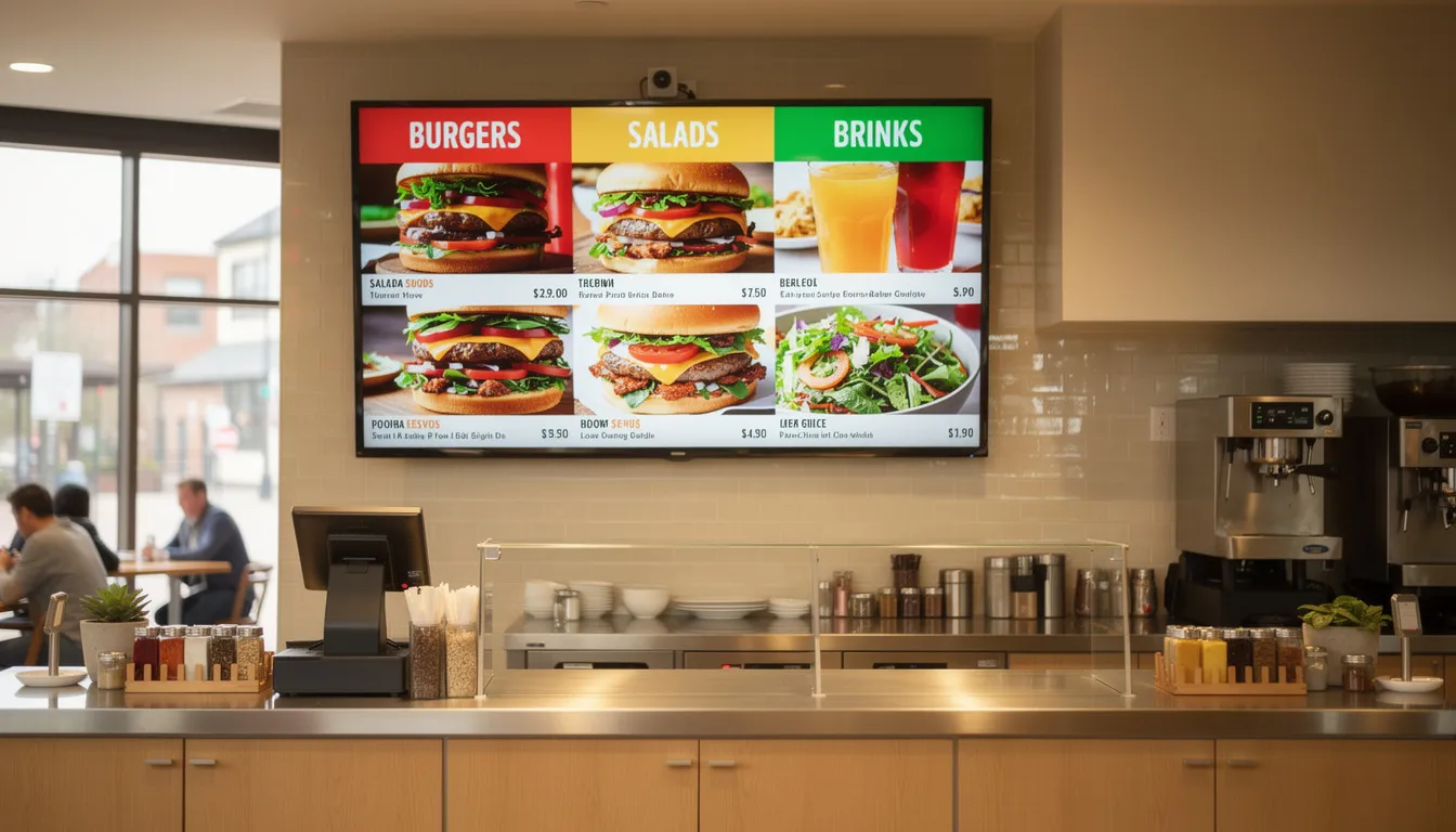 The image shows a restaurant counter featuring a mounted smart TV that displays a vibrant digital menu with various food images, showcasing the use of digital signage as a powerful communication tool for audience engagement. The setup highlights the integration of modern technology to enhance customer experience with dynamic content.